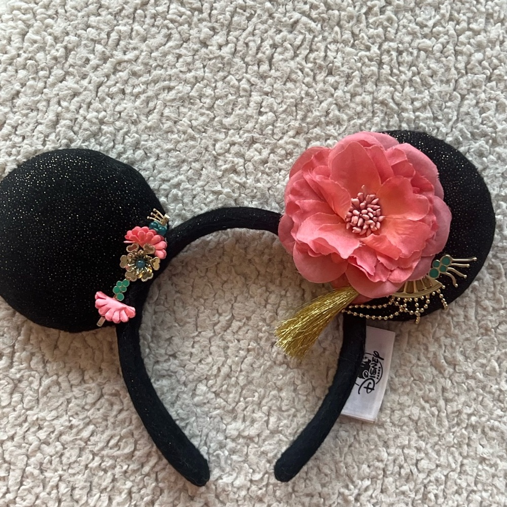 Disney Black Minnie Mouse Ears with Pink Floral Design